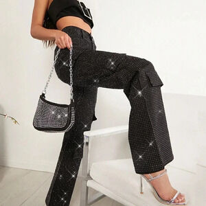 Black Preppy Women's Flap Pocket Straight-Leg Jeans